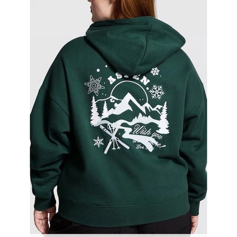 Victoria's Secret PINK M Ivy Fleece Campus Full-Zip Hoodie Deep Forest Aspen